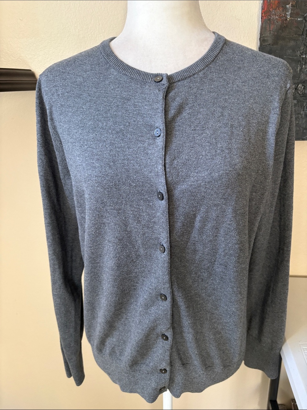 Lands' End Heather Gray Button-Front Crew Cardigan